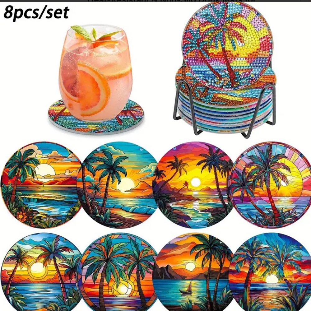 Diamond Art DIY Coaster Set Palm Trees Tropical
